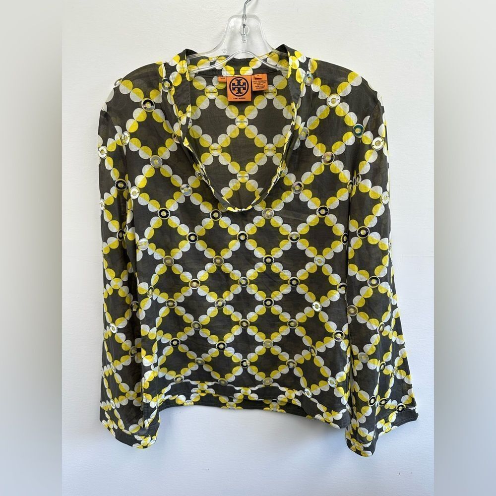 Tory Burch Geometric Multi-color sequined Blouse Long Sleeve Scoop Neck Size 10